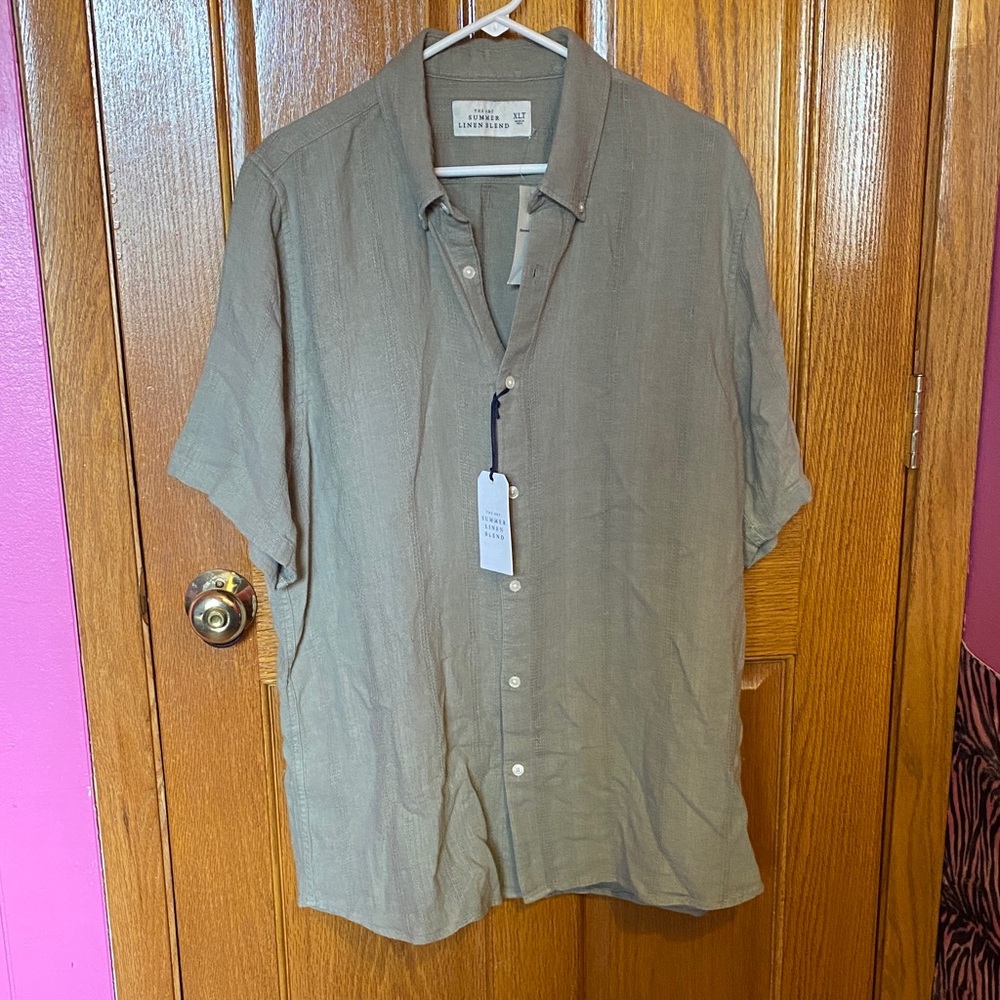 Abercrombie & Fitch Olive Green Short-Sleeve Summer Linen-Blend Button-Up Shirt